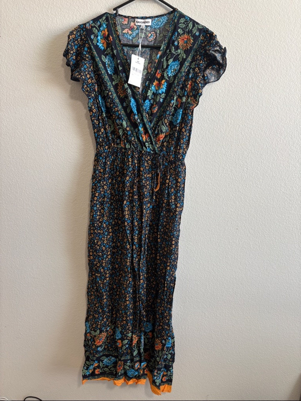 Maje Black Floral Wrap Maxi Dress with Blue and Orange Floral Accents